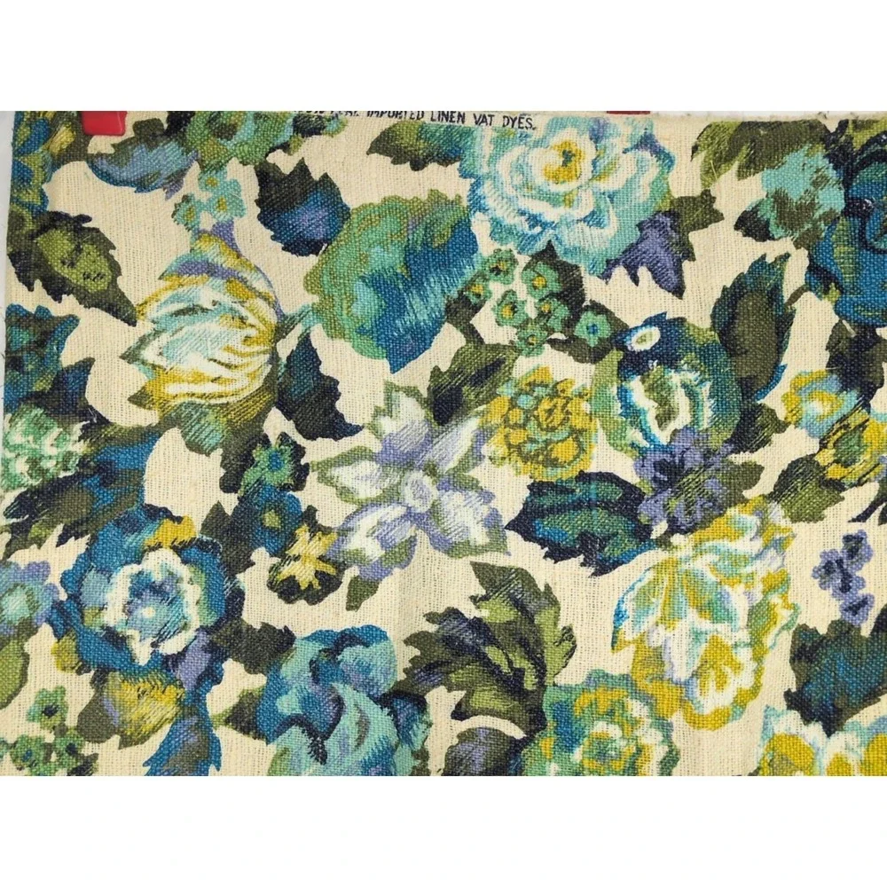 5th Avenue Designs Floral Linen 3 Yds Vintage Fabric VAT Green Blue Gold